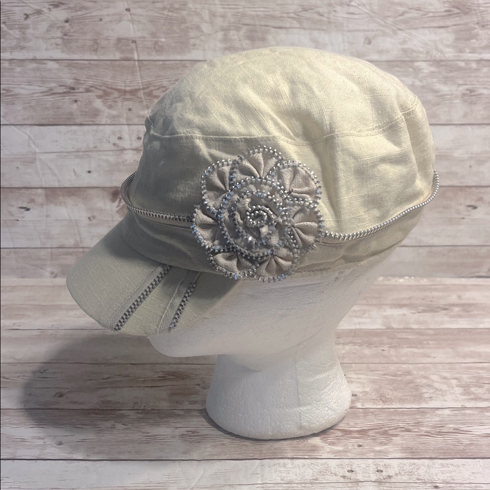 Angela & William Linen Blend Cream Hat with Floral & Zipper Detail